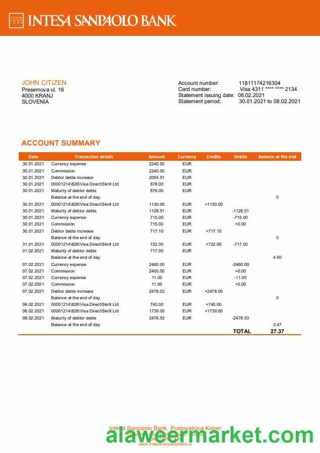 Slovenia Intesa Sanpaolo Bank, Poslovalnica Koper bank statement template in Word and PDF format